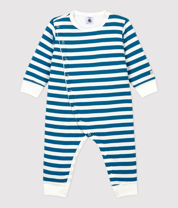 Wattierter Baby-Overall ohne F&uuml;&szlig;e aus Baumwolle mit blauen Streifen blau/weiss